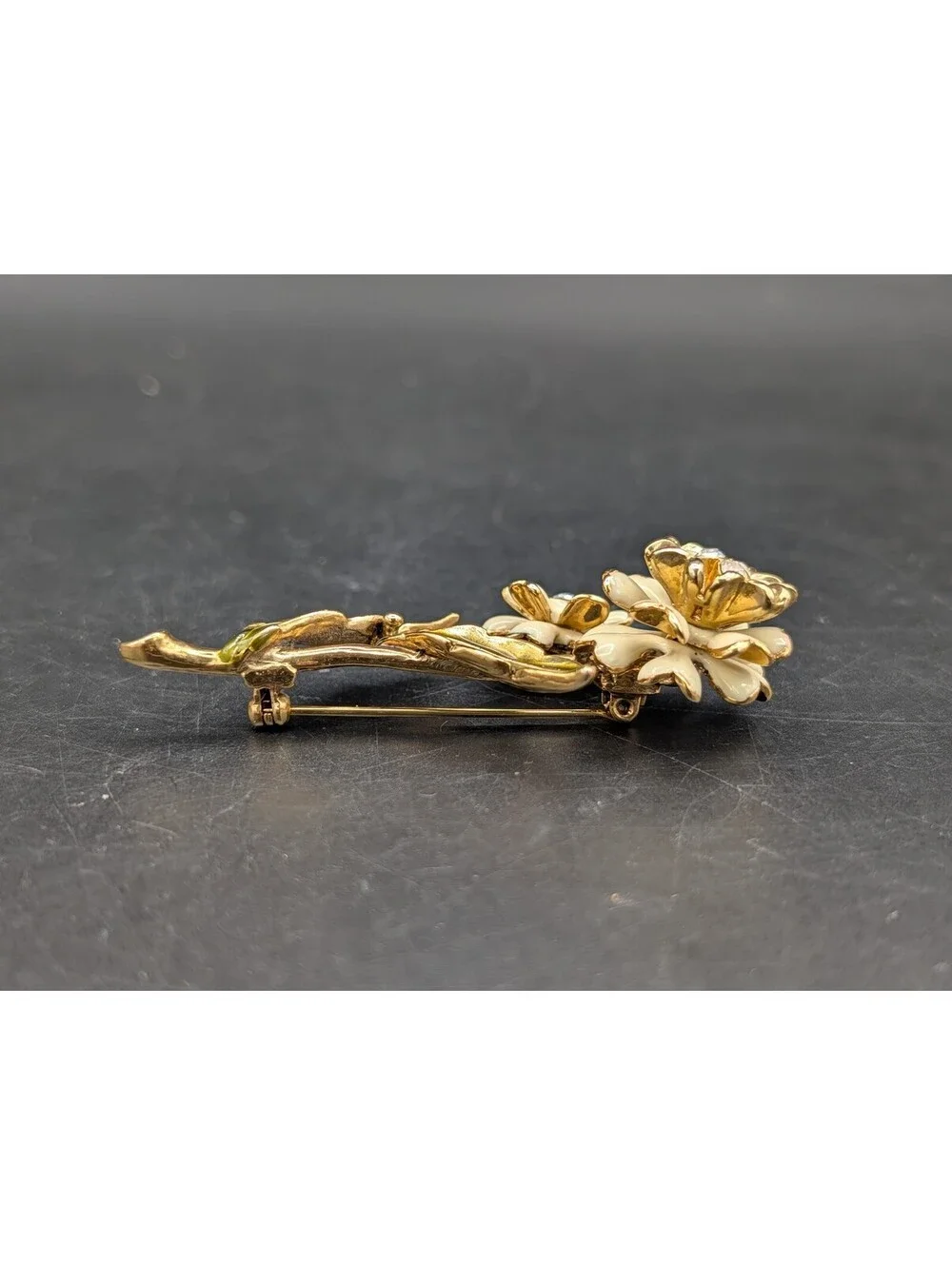 Vintage Monet Cream Enamel Flower Brooch Pin Gold Tone Rhinestone Floral Stem